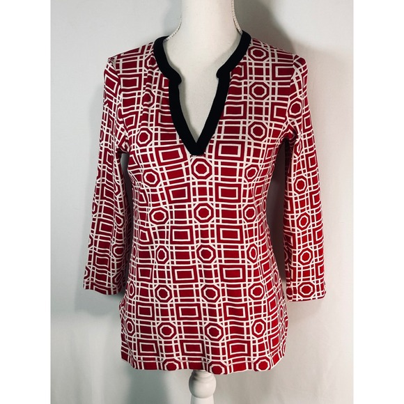 Rafaella Tops - Rafaella Womens Red White Geometric Print Split V-Neck Cotton Knit Top Small